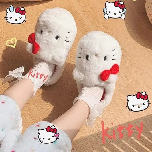 Anime Hello Kitty Warm Cotton Slippers Autumn/Winter Thick Anti Slip Cartoon Slippers Comfortable House Slippers Surprise Gifts