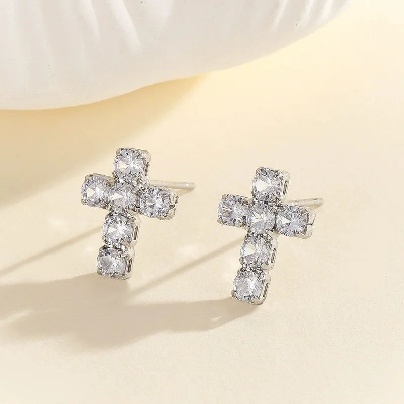 Street Small Cross Stud Earrings For Women Men Silver Color White Pink Zircon Wedding Ear Studs Party Christmas New Year Jewelry