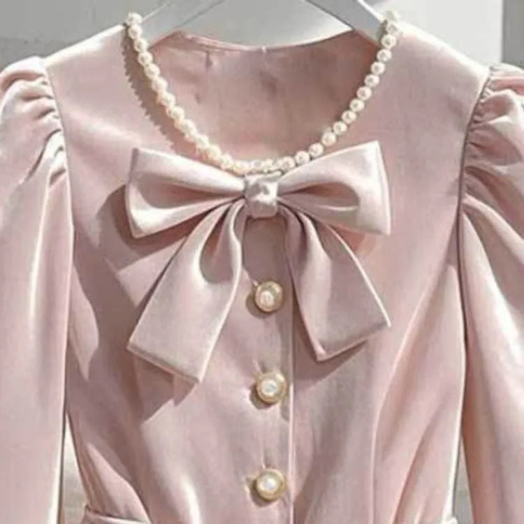 Spring Autumn New Pink Shirts Women Elegant Heavy Long Sleeve Blouses Sweet Bow Pearl O-neck Single Breasted Tops Mujer