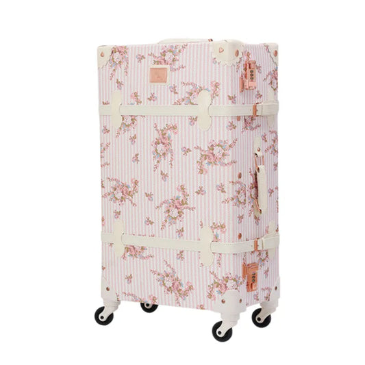 Designer Floral Print Cabin Suitcase - PU Leather Spinner Luggage with Cosmetic Case, Retro Trolley Case for Women Travel