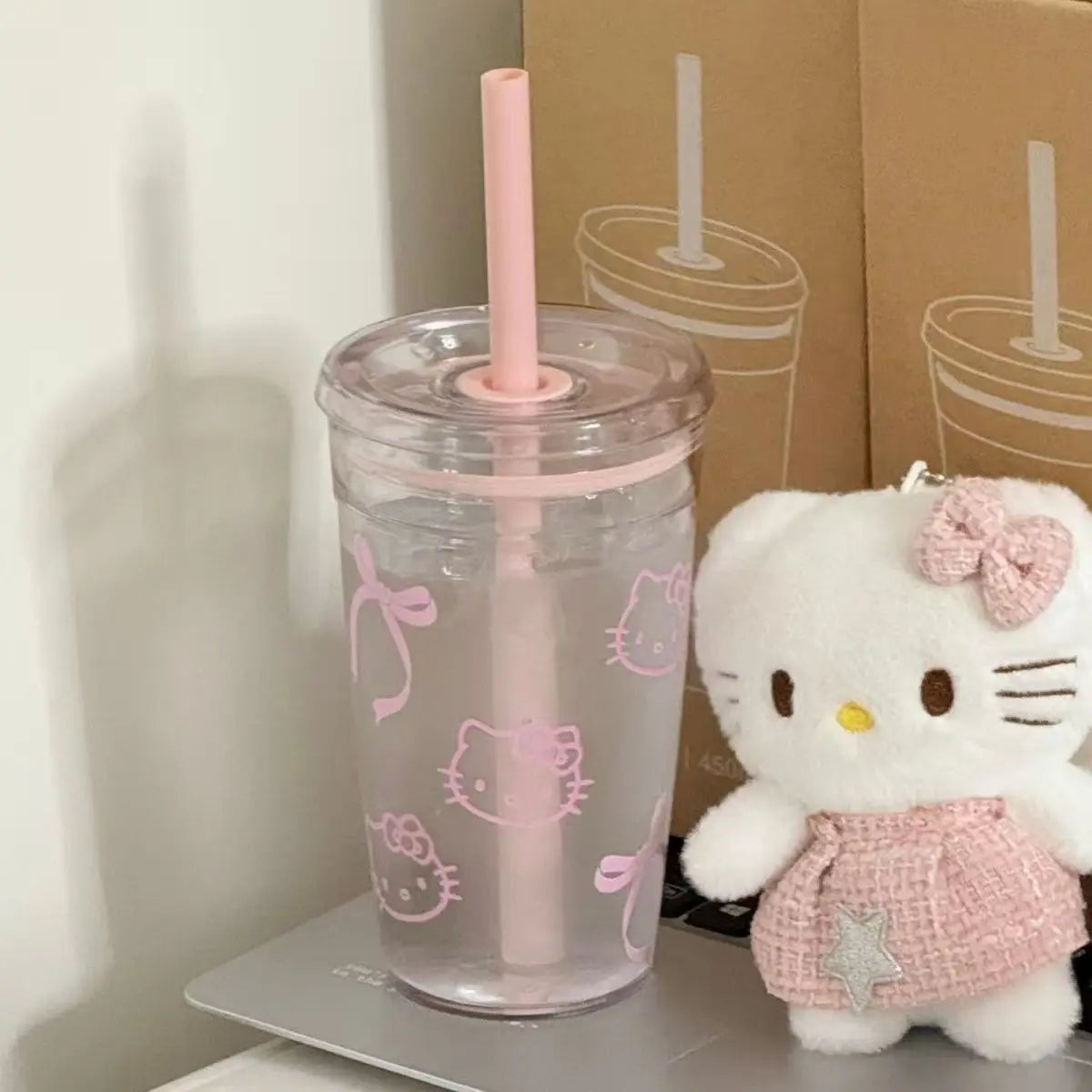 Sanrio Hello Kitty Pink Straw Cup with Lid Plastic Student Portable Cup Large-Capacity Transparent Plastic Water Cup Girl Gift