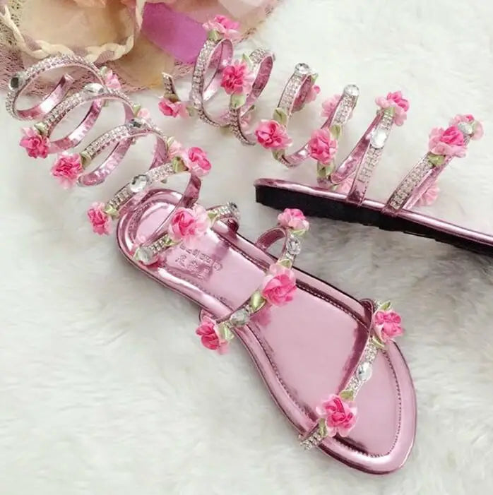 Pink Summer Luxurious gladiator sandals women Flat Sandals Snake Punk Rhinestone Flat Heel Women Sandals Wedding Party shoes