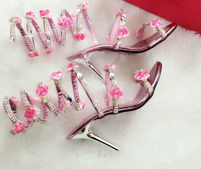 Pink Summer Luxurious gladiator sandals women Flat Sandals Snake Punk Rhinestone Flat Heel Women Sandals Wedding Party shoes