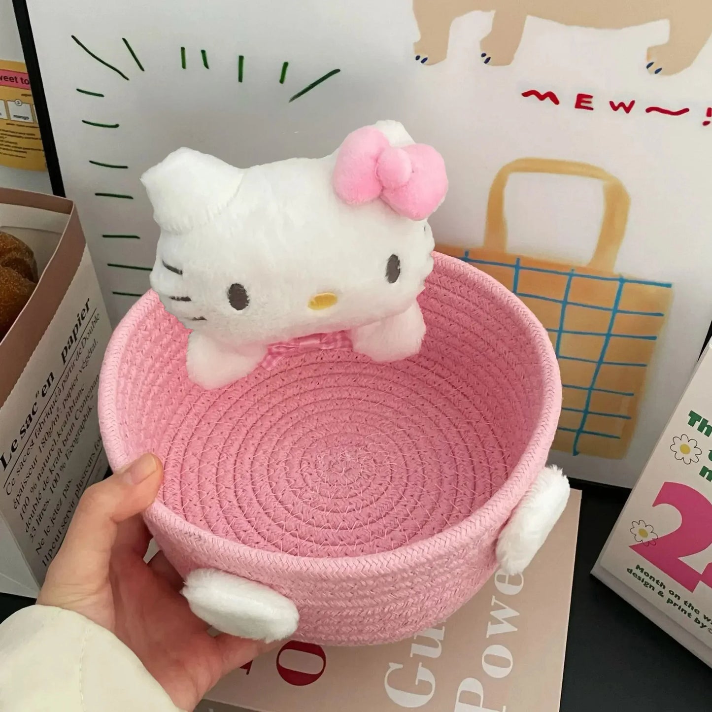 Cute Hello Kitty 50th Anniversary Cosmetics Box Accessories Handwoven Cotton Rope Weaving Storage Basket Desktop Girl Gift
