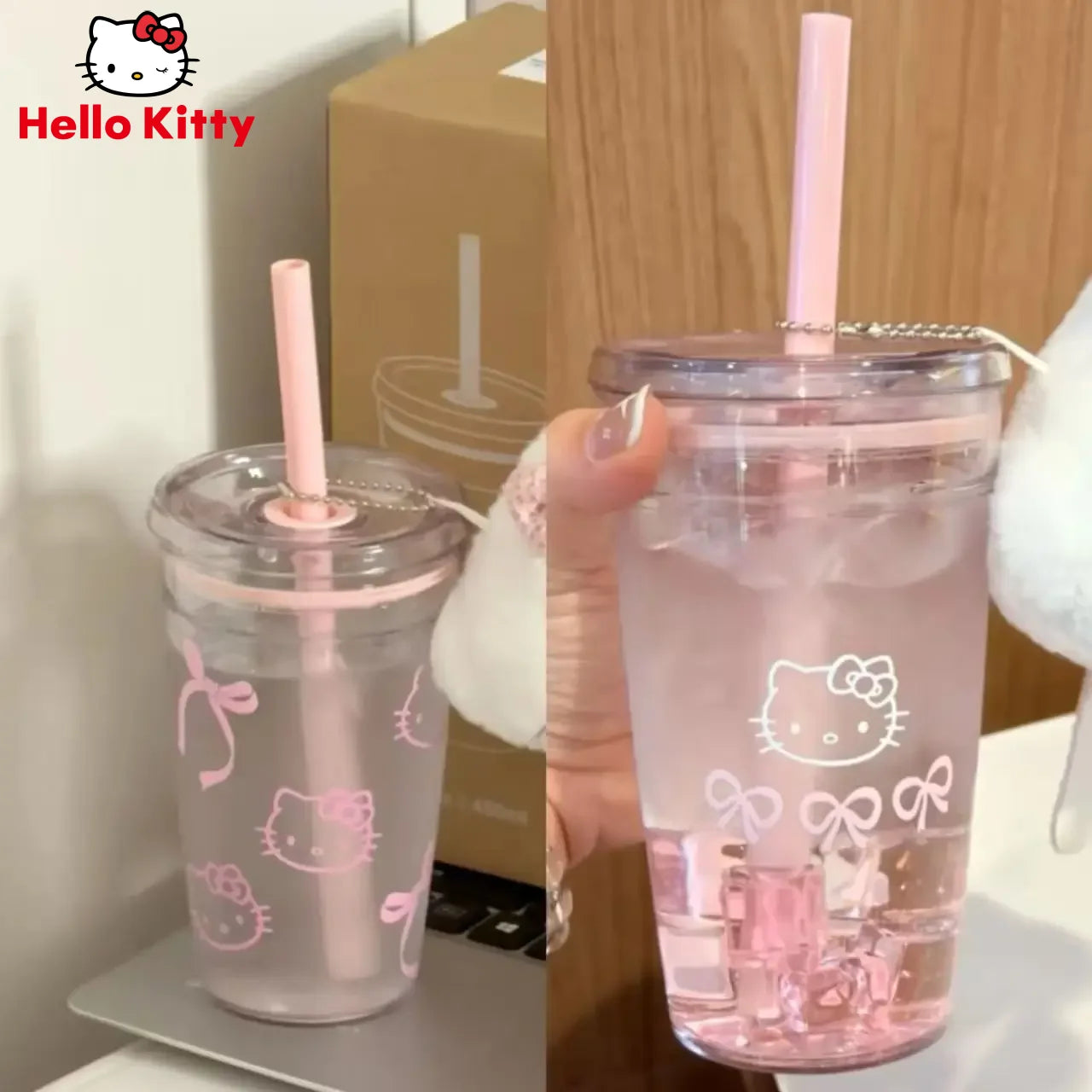 Sanrio Hello Kitty Pink Straw Cup with Lid Plastic Student Portable Cup Large-Capacity Transparent Plastic Water Cup Girl Gift