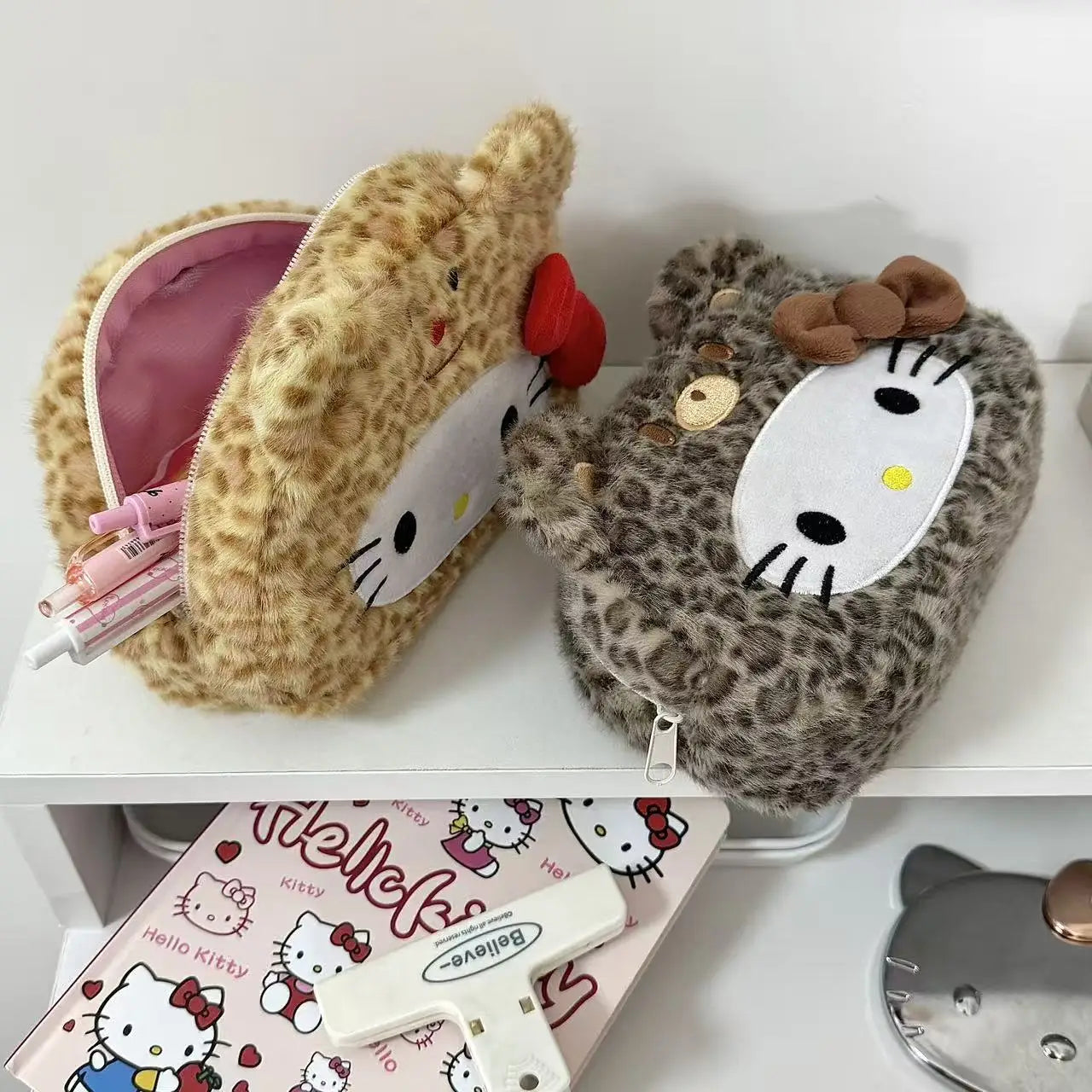 Leopard Print Kitty Pencil Case, Plush Cosmetic Bag, Stationery Box, Student Large-capacity Storage Bag