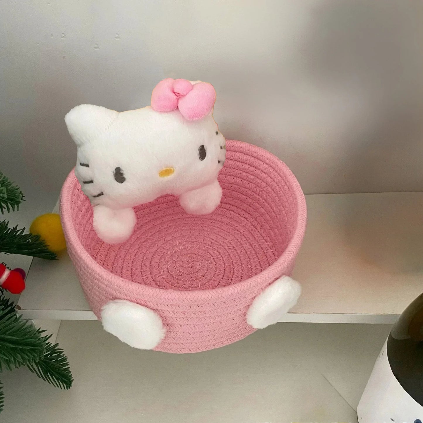 Cute Hello Kitty 50th Anniversary Cosmetics Box Accessories Handwoven Cotton Rope Weaving Storage Basket Desktop Girl Gift