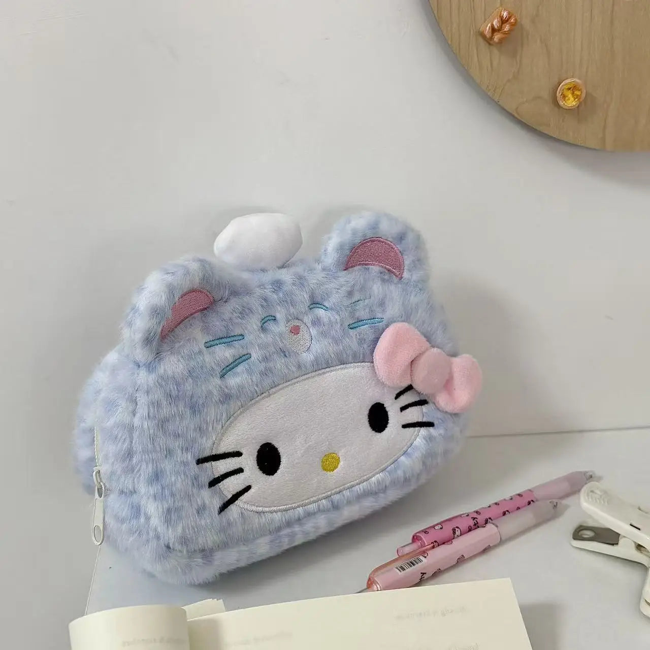 Leopard Print Kitty Pencil Case, Plush Cosmetic Bag, Stationery Box, Student Large-capacity Storage Bag