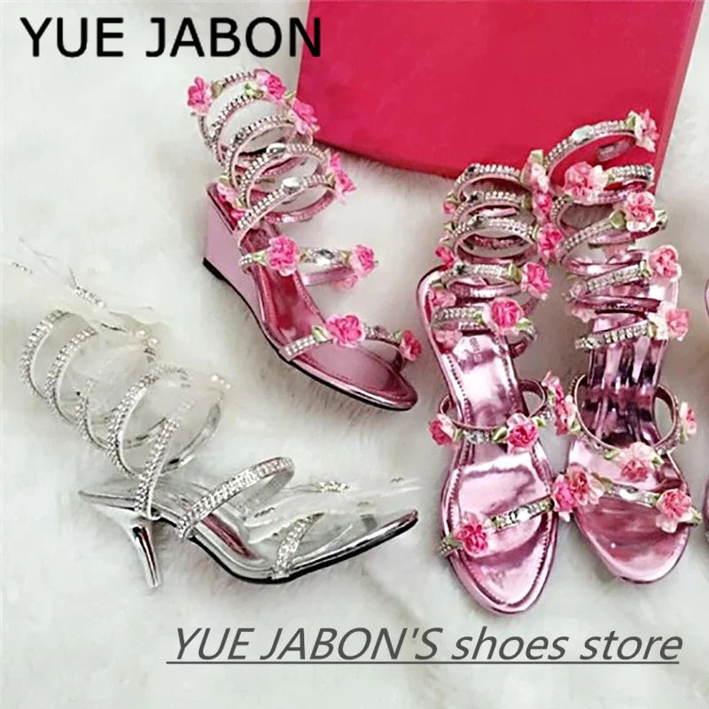 Pink Summer Luxurious gladiator sandals women Flat Sandals Snake Punk Rhinestone Flat Heel Women Sandals Wedding Party shoes