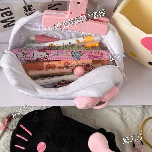 Hello Kitty Cat Plush Pencil Case Large Capacity Cute Kt Cat Stationery Box Storage Bag Makeup Bag Anime Peripheral Trendy Gift