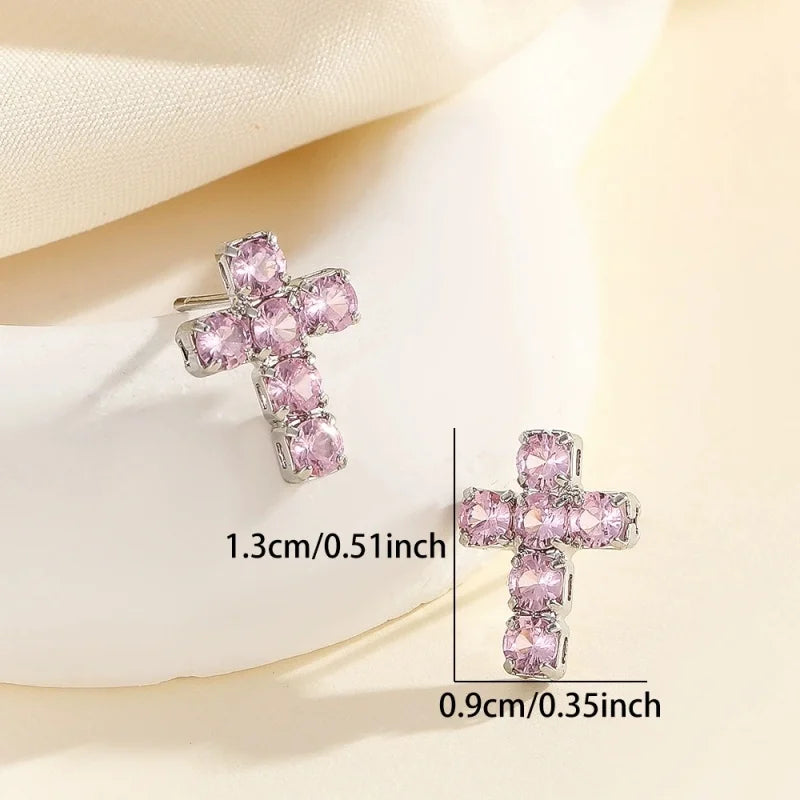 Street Small Cross Stud Earrings For Women Men Silver Color White Pink Zircon Wedding Ear Studs Party Christmas New Year Jewelry