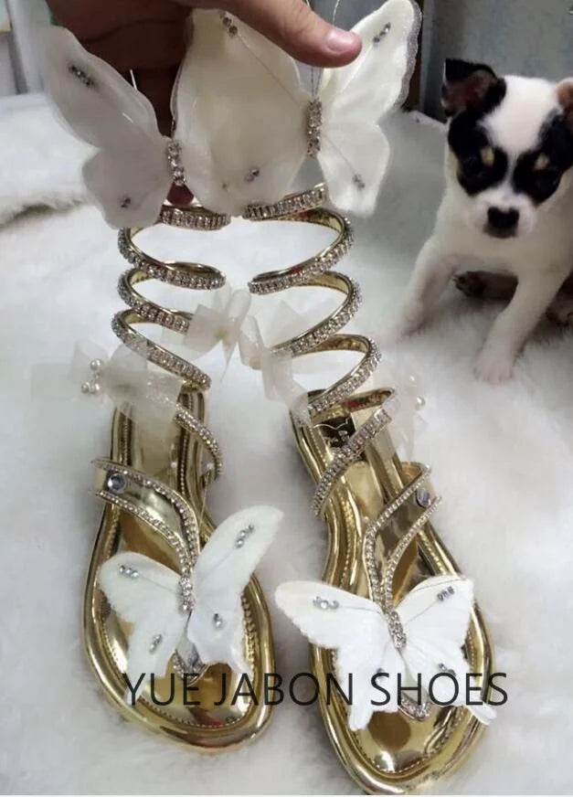 Pink Summer Luxurious gladiator sandals women Flat Sandals Snake Punk Rhinestone Flat Heel Women Sandals Wedding Party shoes