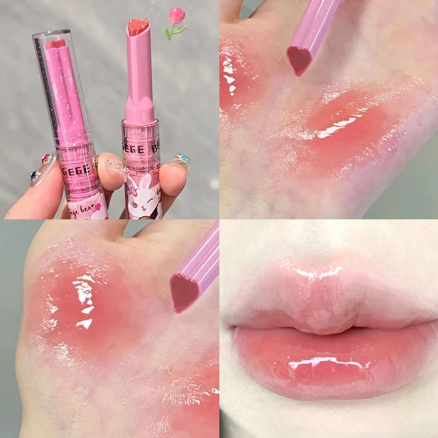 Gege Bear Garden Pink Rabbit Solid Lip Gloss Moisturizing Watery Colored Lip Balm Long-lasting and Tender Lip Balm