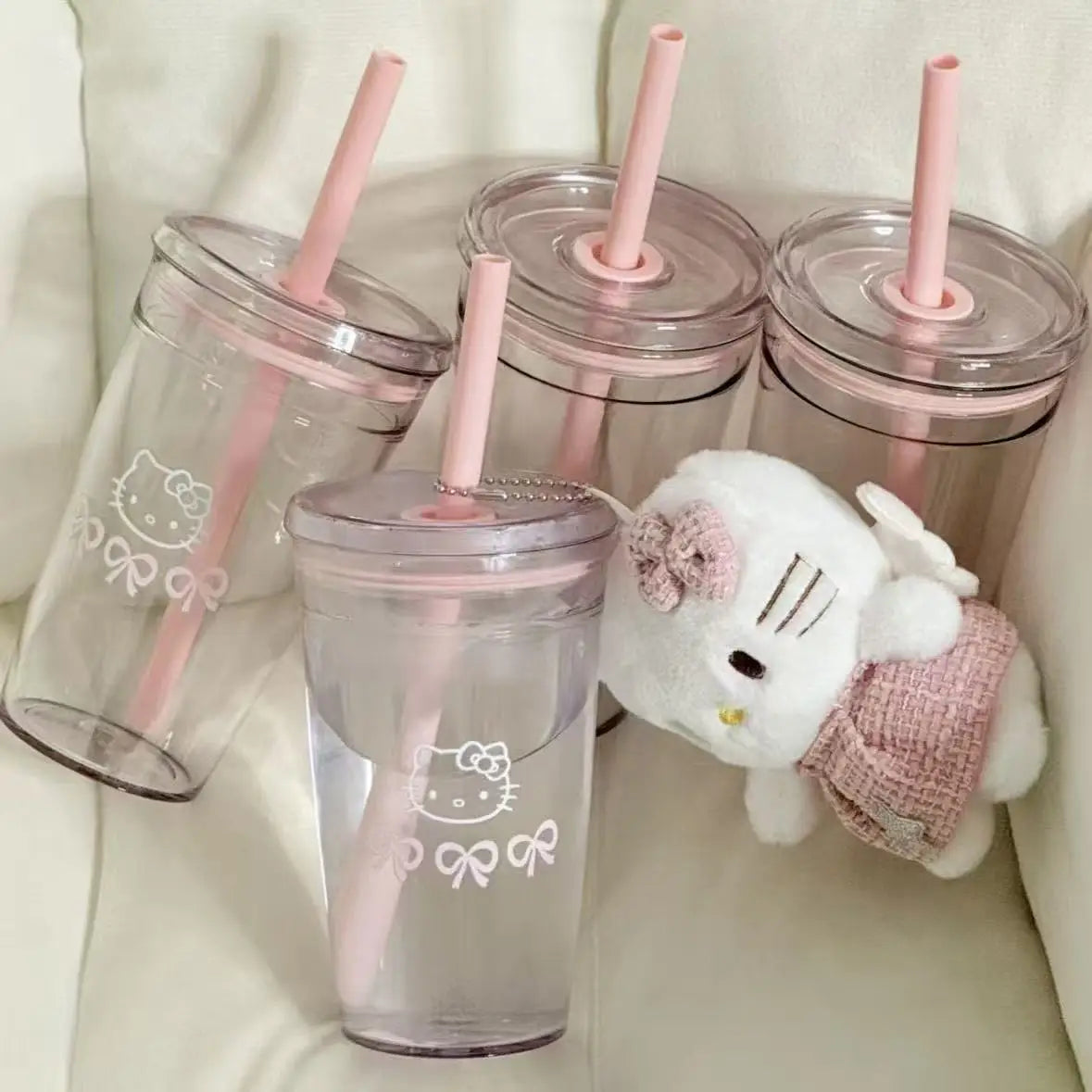 Sanrio Hello Kitty Pink Straw Cup with Lid Plastic Student Portable Cup Large-Capacity Transparent Plastic Water Cup Girl Gift
