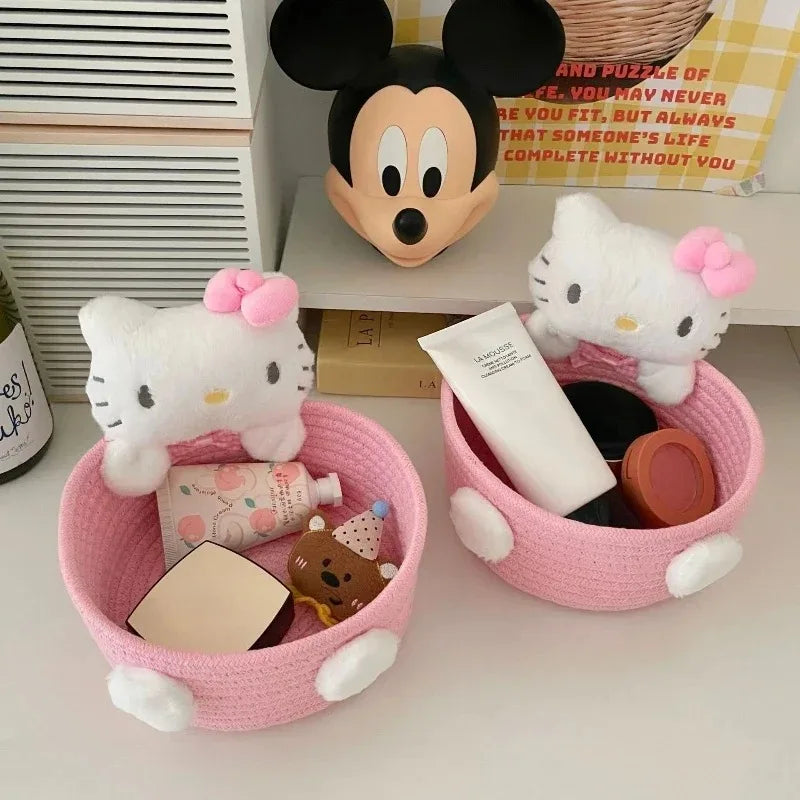 Cute Hello Kitty 50th Anniversary Cosmetics Box Accessories Handwoven Cotton Rope Weaving Storage Basket Desktop Girl Gift