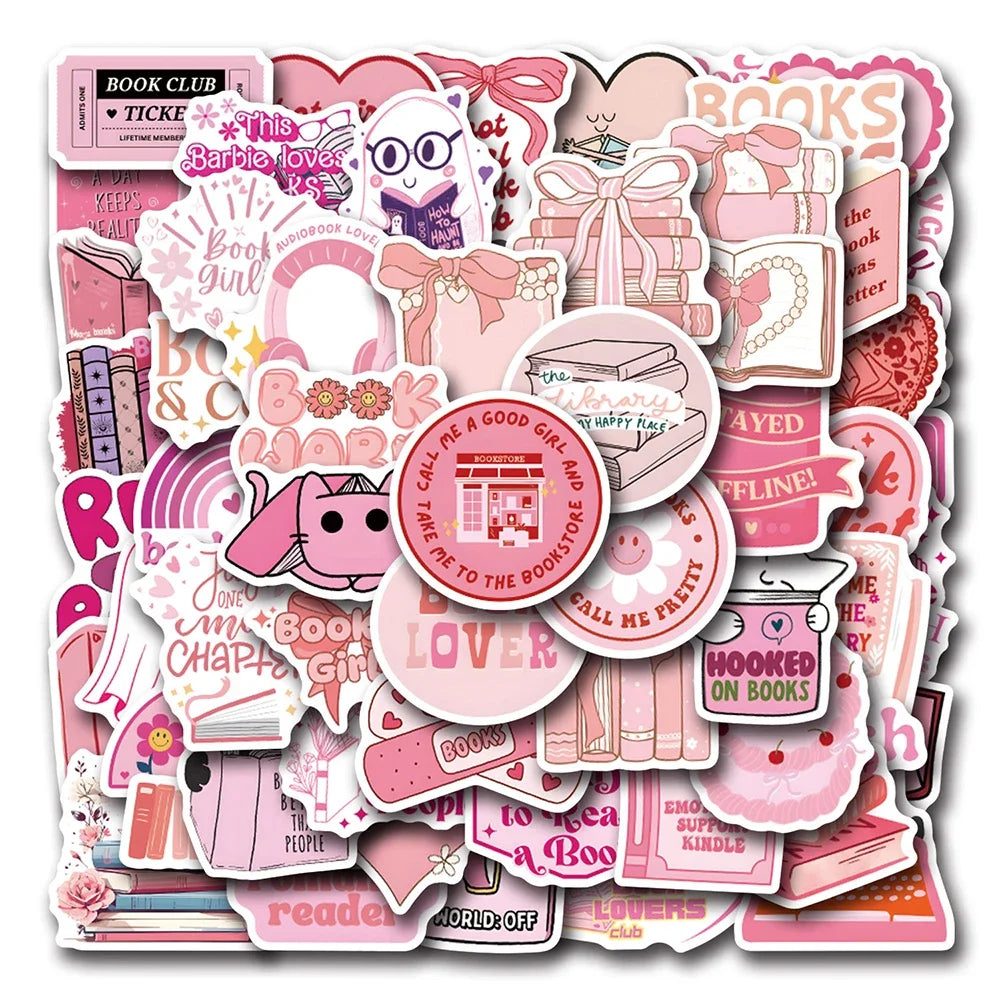 60pcs Cute Pink Bookish Stickers Reading Book Cartoon Decals DIY Scrapbook Laptop Phone Luggage DIY Toys Decoration Gift
