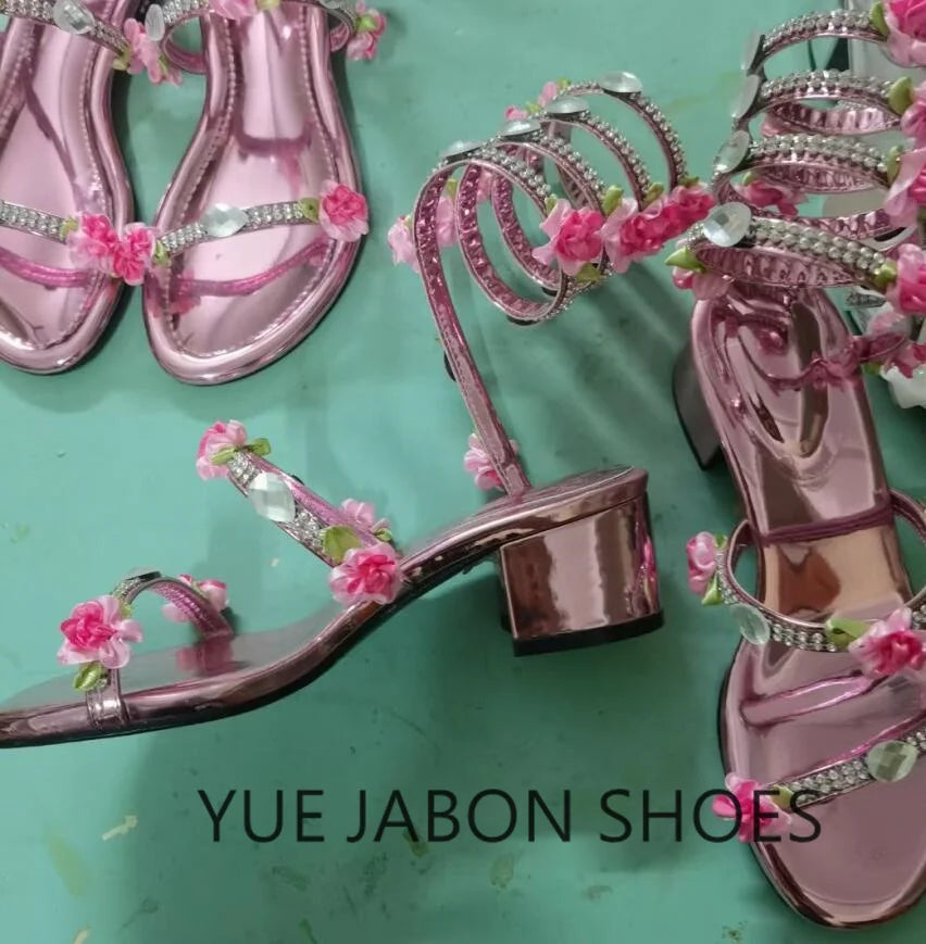 Pink Summer Luxurious gladiator sandals women Flat Sandals Snake Punk Rhinestone Flat Heel Women Sandals Wedding Party shoes