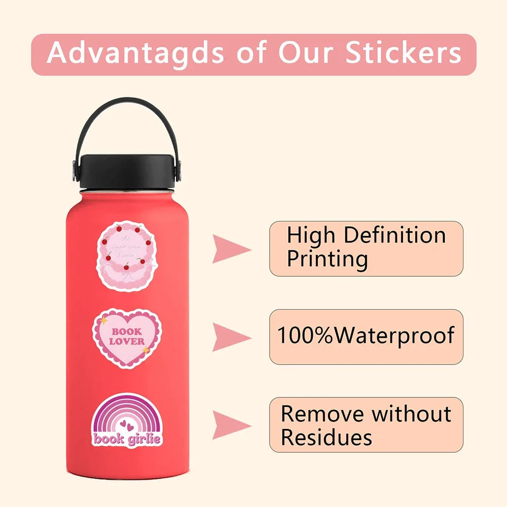 60pcs Cute Pink Bookish Stickers Reading Book Cartoon Decals DIY Scrapbook Laptop Phone Luggage DIY Toys Decoration Gift