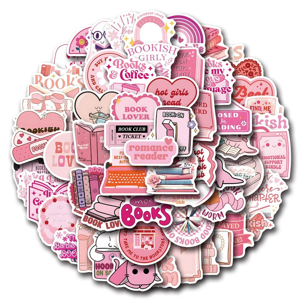 60pcs Cute Pink Bookish Stickers Reading Book Cartoon Decals DIY Scrapbook Laptop Phone Luggage DIY Toys Decoration Gift