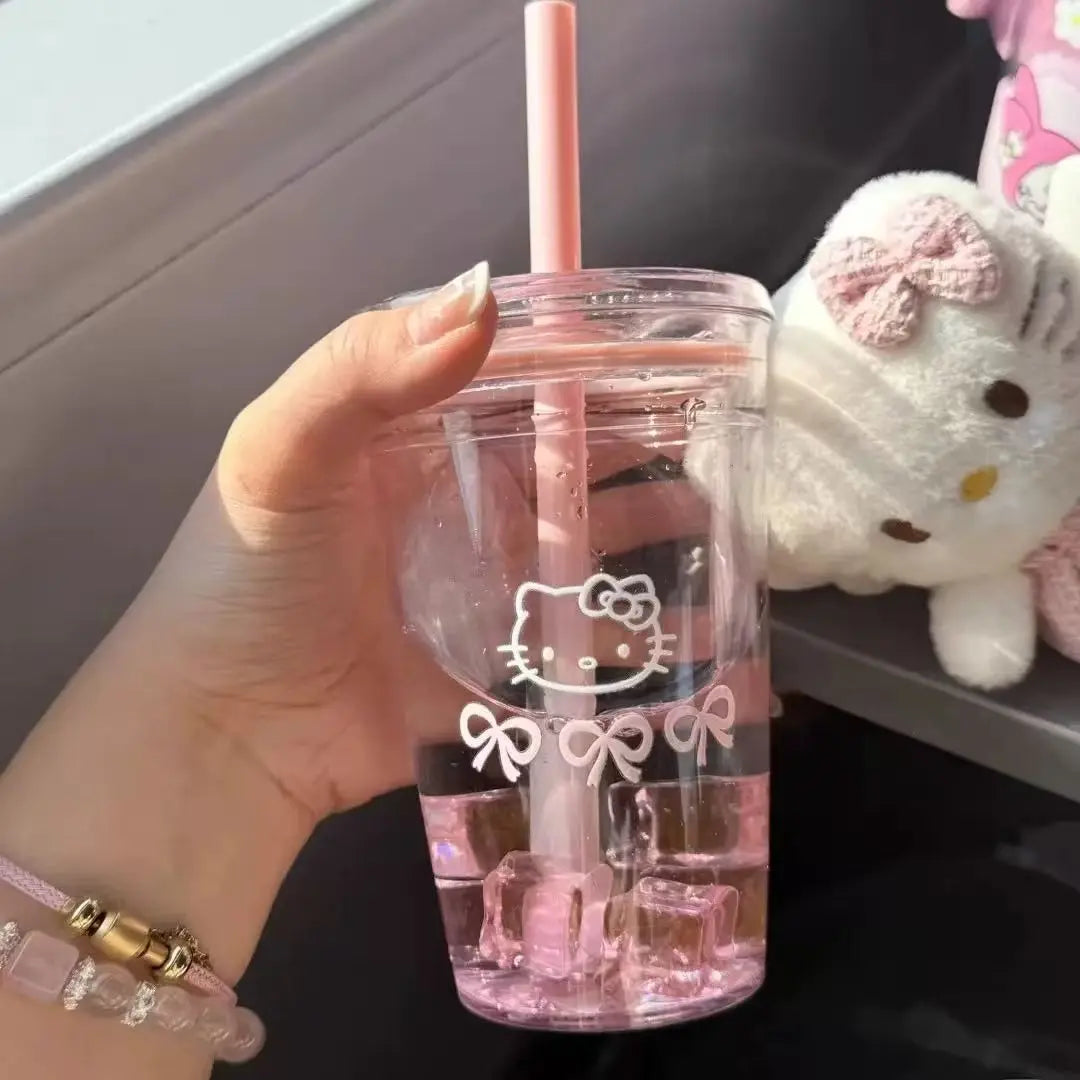 Sanrio Hello Kitty Pink Straw Cup with Lid Plastic Student Portable Cup Large-Capacity Transparent Plastic Water Cup Girl Gift