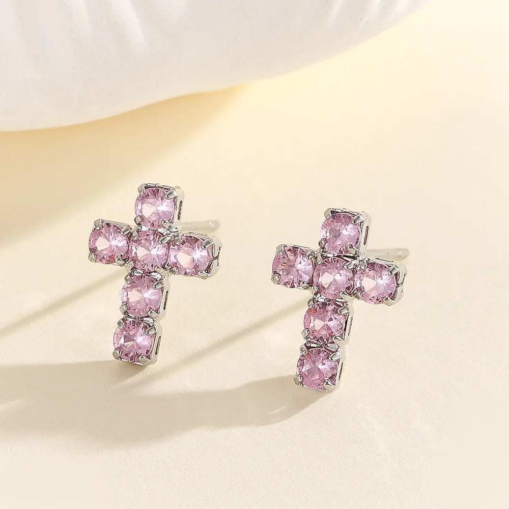 Street Small Cross Stud Earrings For Women Men Silver Color White Pink Zircon Wedding Ear Studs Party Christmas New Year Jewelry