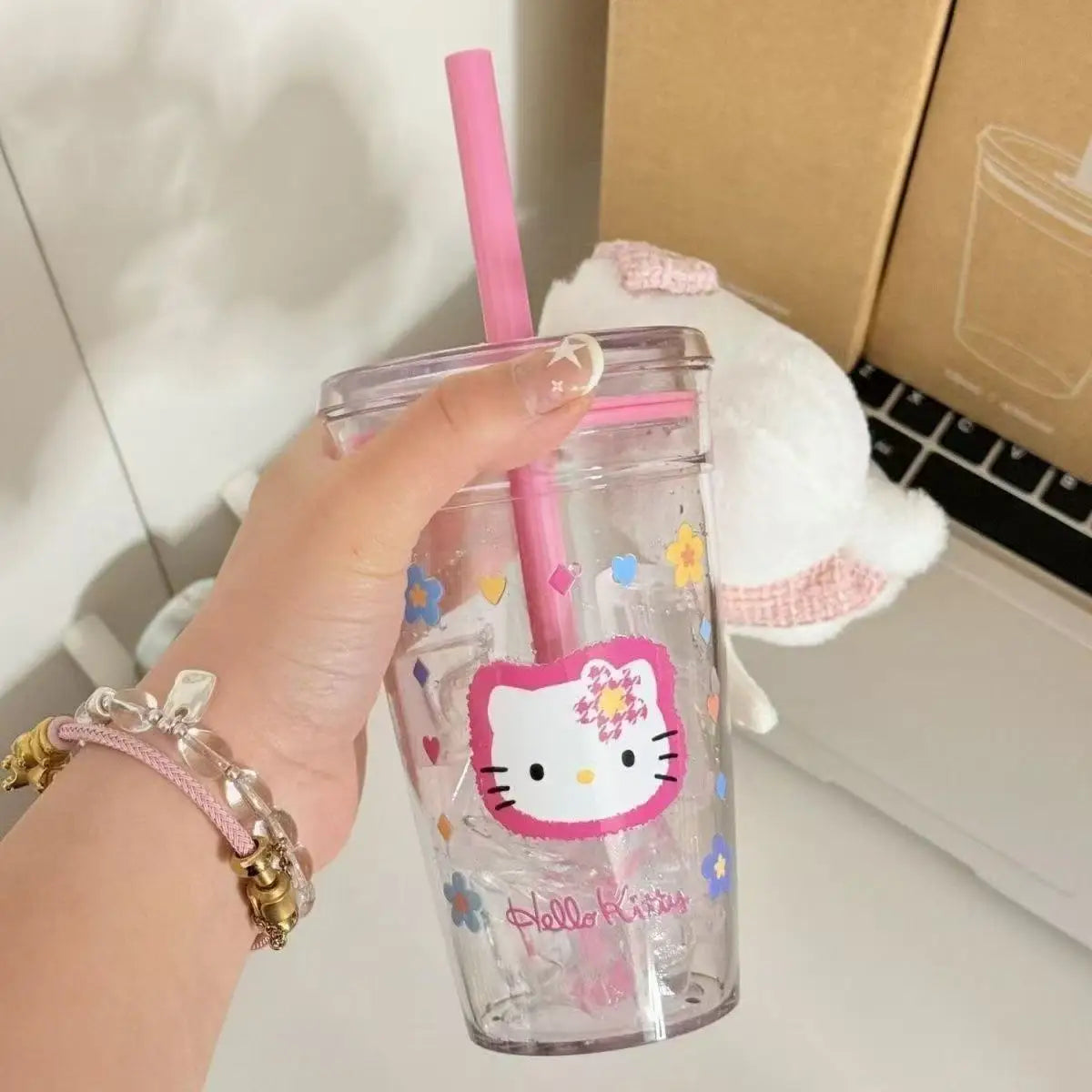 Sanrio Hello Kitty Pink Straw Cup with Lid Plastic Student Portable Cup Large-Capacity Transparent Plastic Water Cup Girl Gift