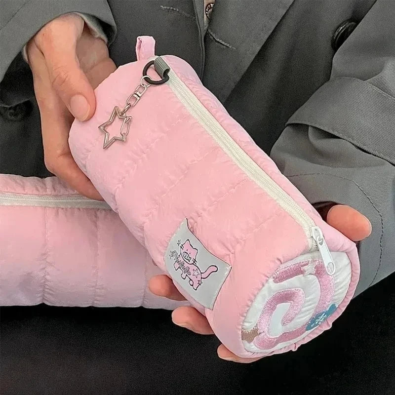 Pink Towel Roll Pencil Case Kawaii Soft Pen Storage Bag Cosmetic Pouch Cartoon Large Capacity Student Stationery School Supplies