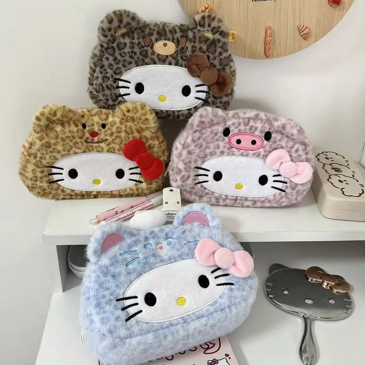 Leopard Print Kitty Pencil Case, Plush Cosmetic Bag, Stationery Box, Student Large-capacity Storage Bag