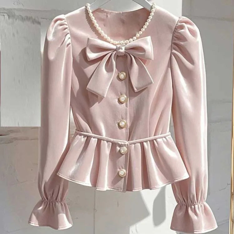 Spring Autumn New Pink Shirts Women Elegant Heavy Long Sleeve Blouses Sweet Bow Pearl O-neck Single Breasted Tops Mujer