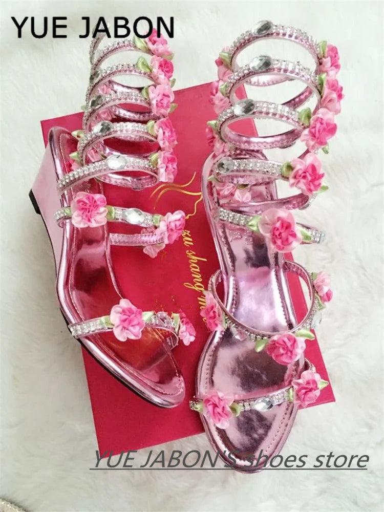 Pink Summer Luxurious gladiator sandals women Flat Sandals Snake Punk Rhinestone Flat Heel Women Sandals Wedding Party shoes