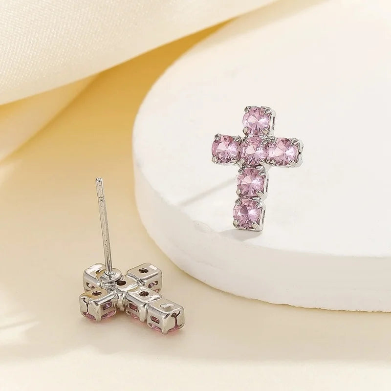 Street Small Cross Stud Earrings For Women Men Silver Color White Pink Zircon Wedding Ear Studs Party Christmas New Year Jewelry