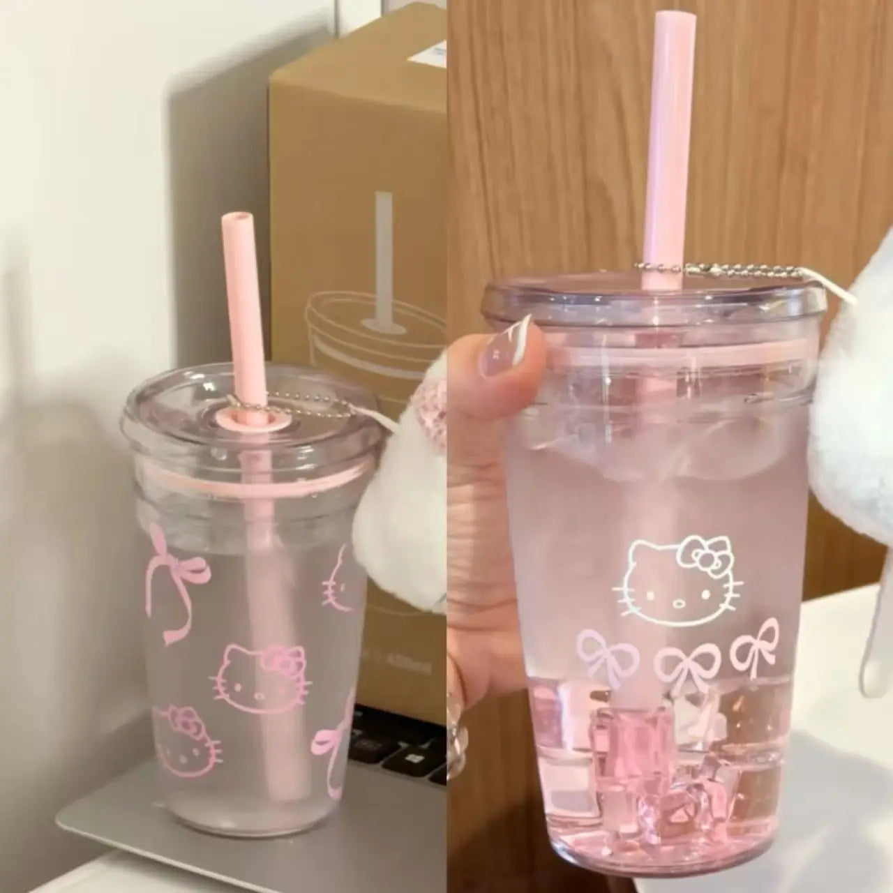 Sanrio Hello Kitty Pink Straw Cup with Lid Plastic Student Portable Cup Large-Capacity Transparent Plastic Water Cup Girl Gift