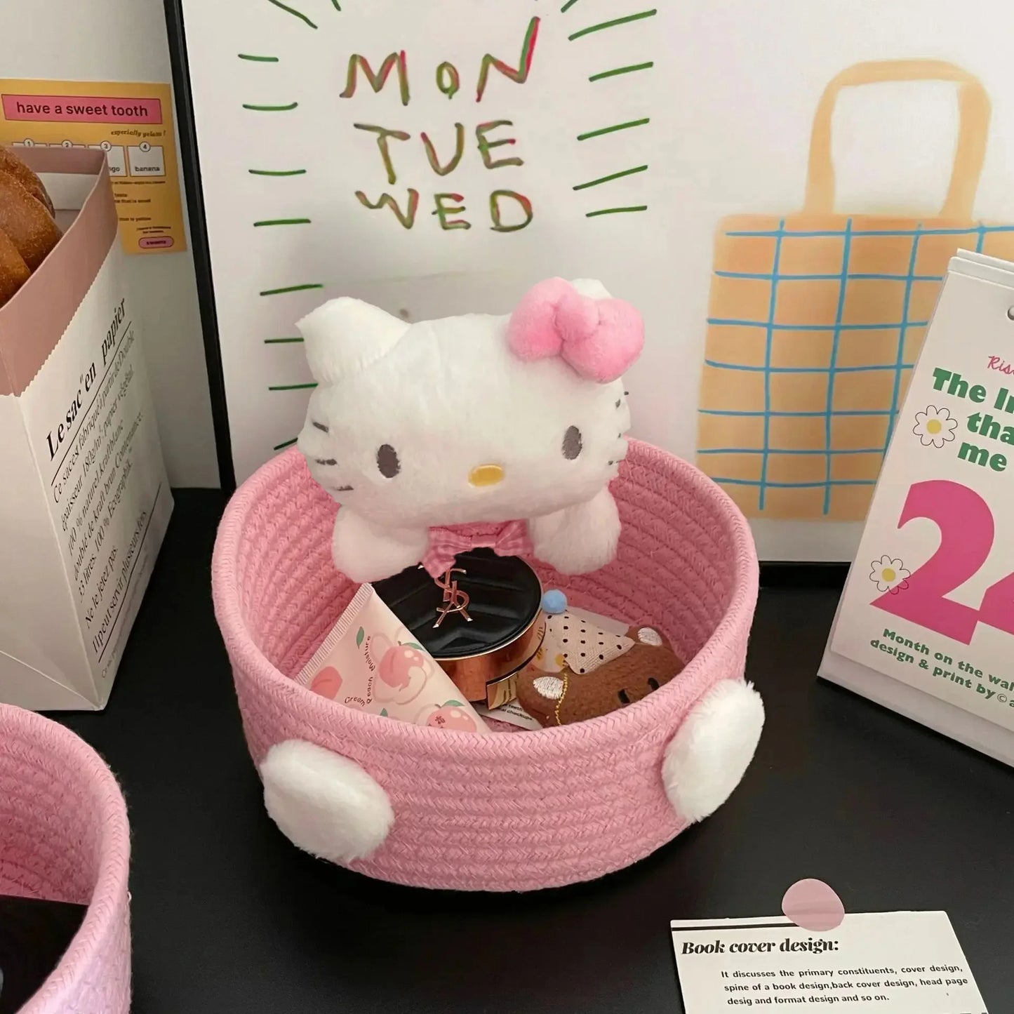 Cute Hello Kitty 50th Anniversary Cosmetics Box Accessories Handwoven Cotton Rope Weaving Storage Basket Desktop Girl Gift