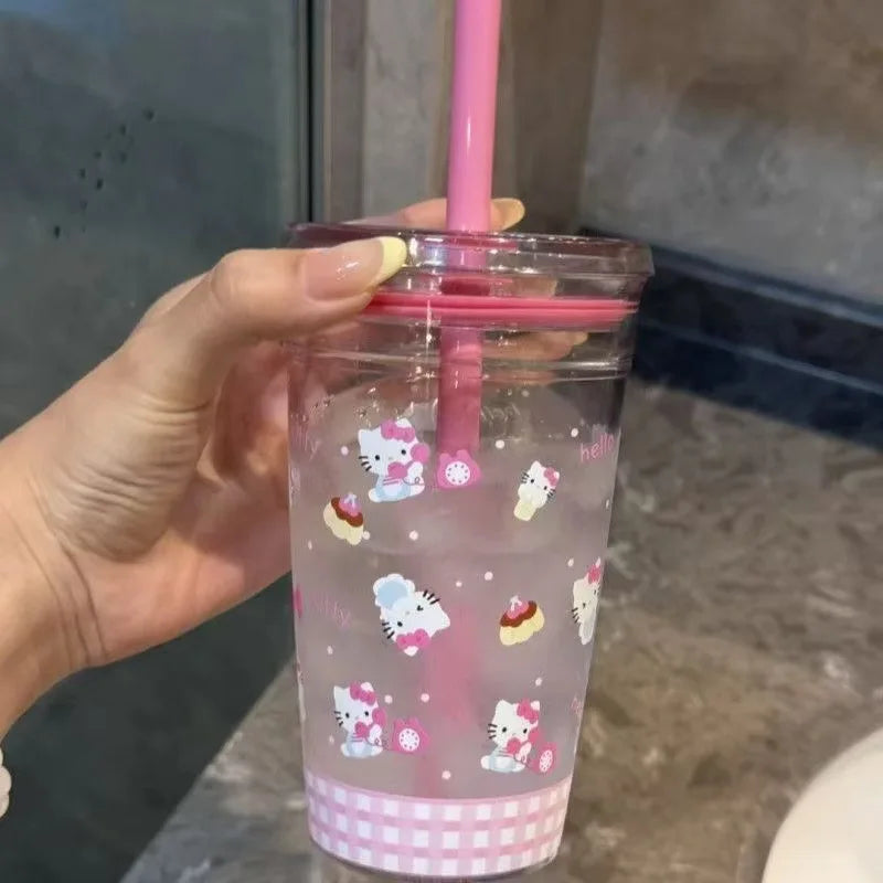 Sanrio Hello Kitty Pink Straw Cup with Lid Plastic Student Portable Cup Large-Capacity Transparent Plastic Water Cup Girl Gift