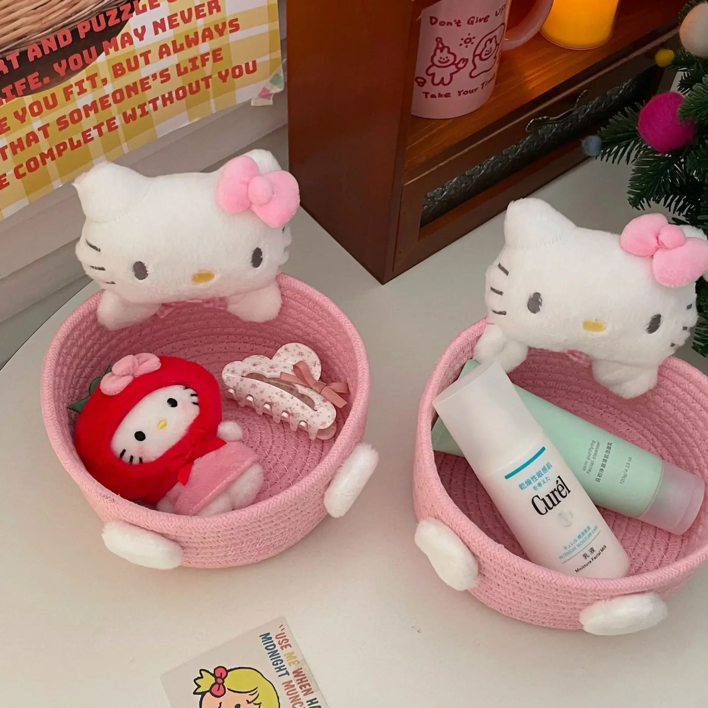 Cute Hello Kitty 50th Anniversary Cosmetics Box Accessories Handwoven Cotton Rope Weaving Storage Basket Desktop Girl Gift