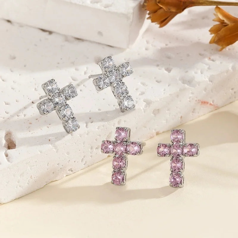 Street Small Cross Stud Earrings For Women Men Silver Color White Pink Zircon Wedding Ear Studs Party Christmas New Year Jewelry