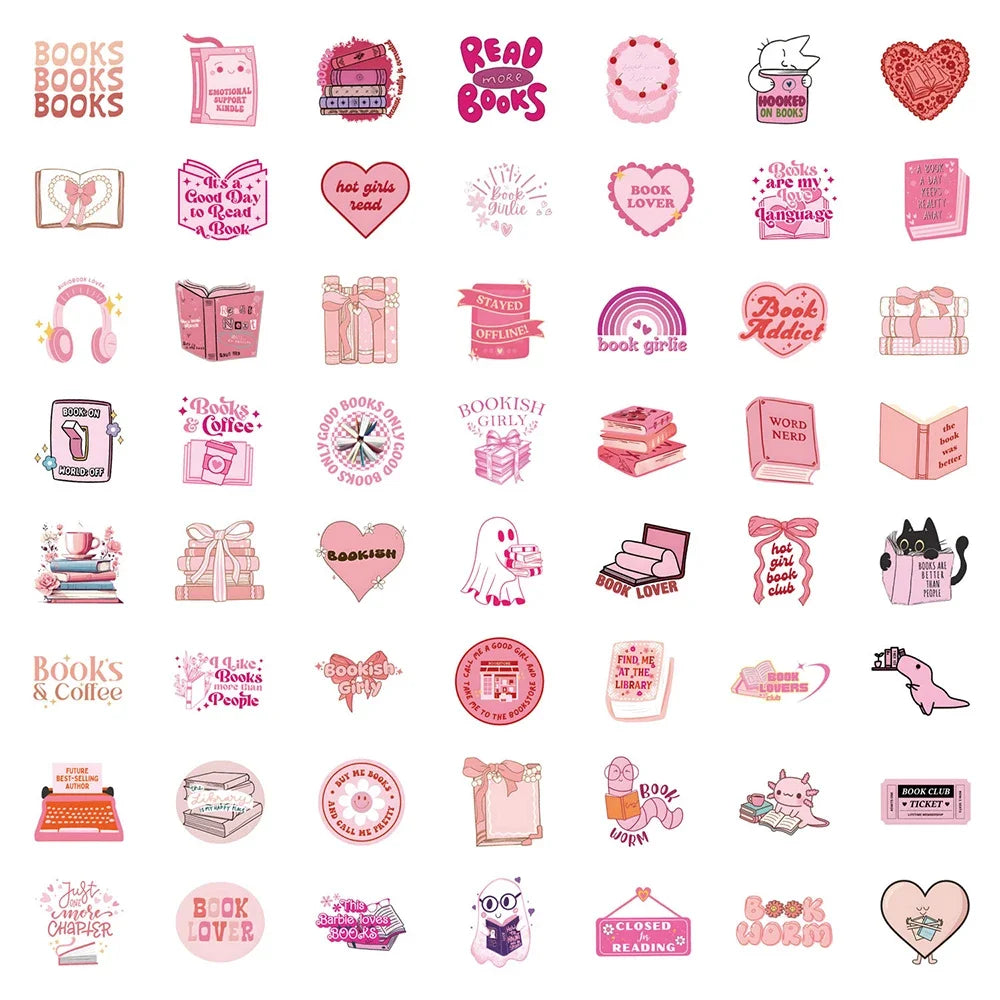 60pcs Cute Pink Bookish Stickers Reading Book Cartoon Decals DIY Scrapbook Laptop Phone Luggage DIY Toys Decoration Gift