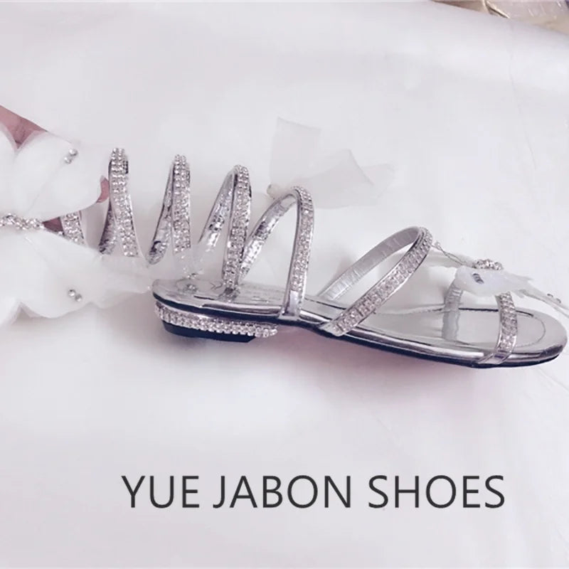 Pink Summer Luxurious gladiator sandals women Flat Sandals Snake Punk Rhinestone Flat Heel Women Sandals Wedding Party shoes