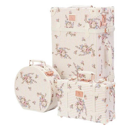 Designer Floral Print Cabin Suitcase - PU Leather Spinner Luggage with Cosmetic Case, Retro Trolley Case for Women Travel