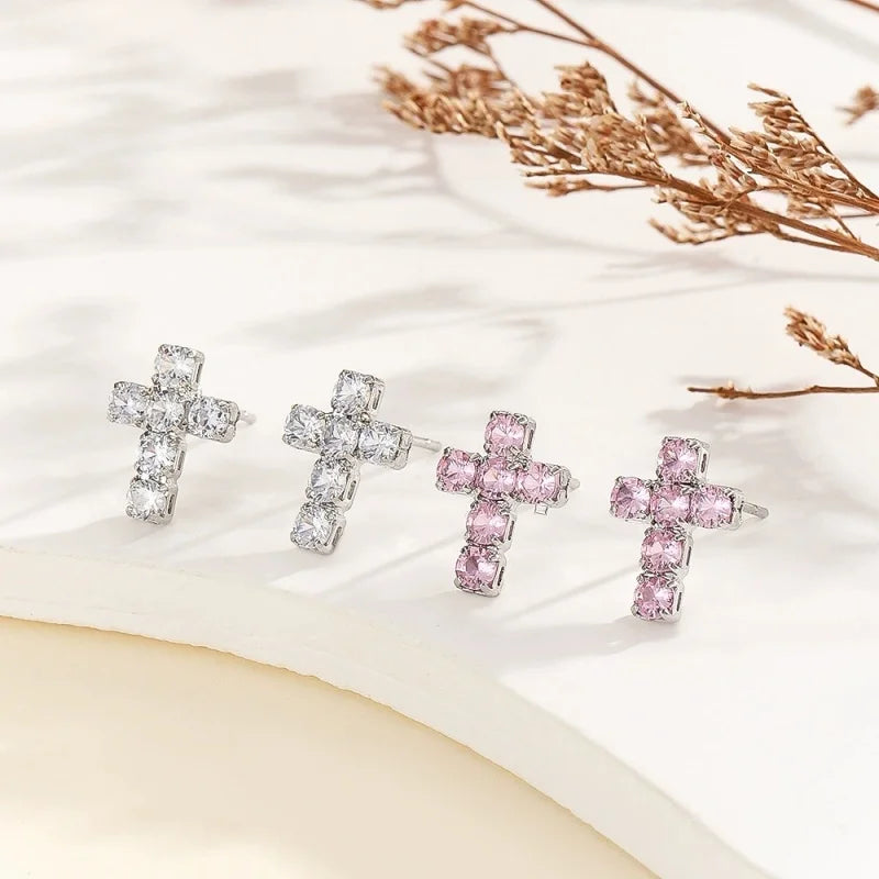 Street Small Cross Stud Earrings For Women Men Silver Color White Pink Zircon Wedding Ear Studs Party Christmas New Year Jewelry