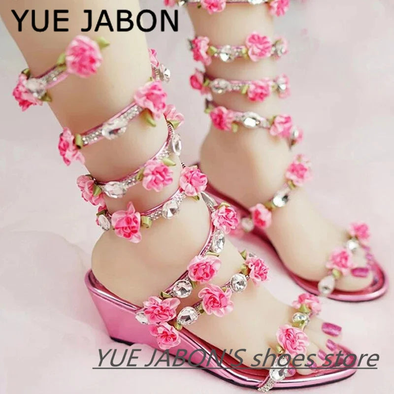 Pink Summer Luxurious gladiator sandals women Flat Sandals Snake Punk Rhinestone Flat Heel Women Sandals Wedding Party shoes