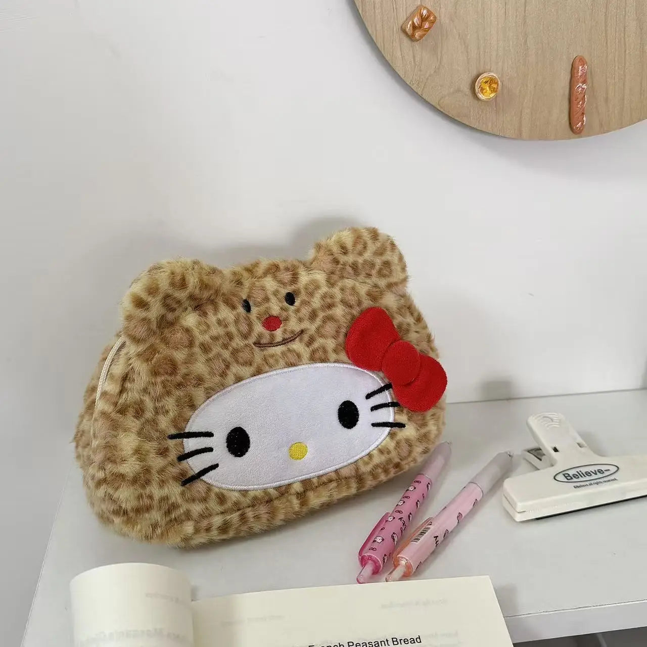 Leopard Print Kitty Pencil Case, Plush Cosmetic Bag, Stationery Box, Student Large-capacity Storage Bag