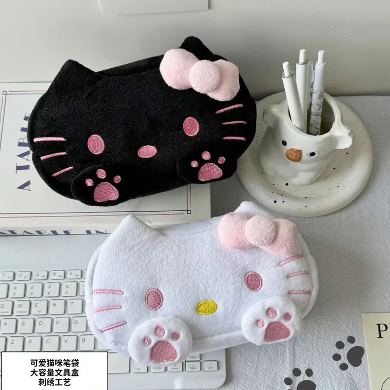 Hello Kitty Cat Plush Pencil Case Large Capacity Cute Kt Cat Stationery Box Storage Bag Makeup Bag Anime Peripheral Trendy Gift