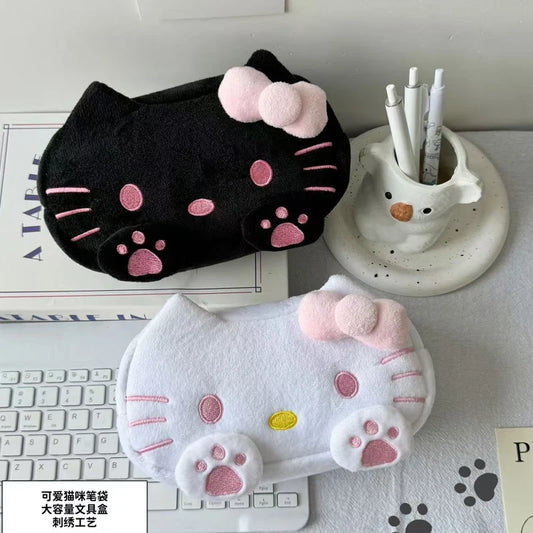 Hello Kitty Cat Plush Pencil Case Large Capacity Cute Kt Cat Stationery Box Storage Bag Makeup Bag Anime Peripheral Trendy Gift