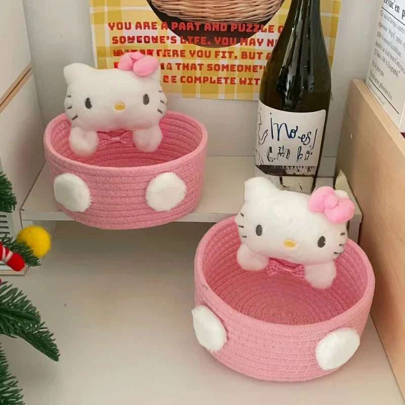 Cute Hello Kitty 50th Anniversary Cosmetics Box Accessories Handwoven Cotton Rope Weaving Storage Basket Desktop Girl Gift