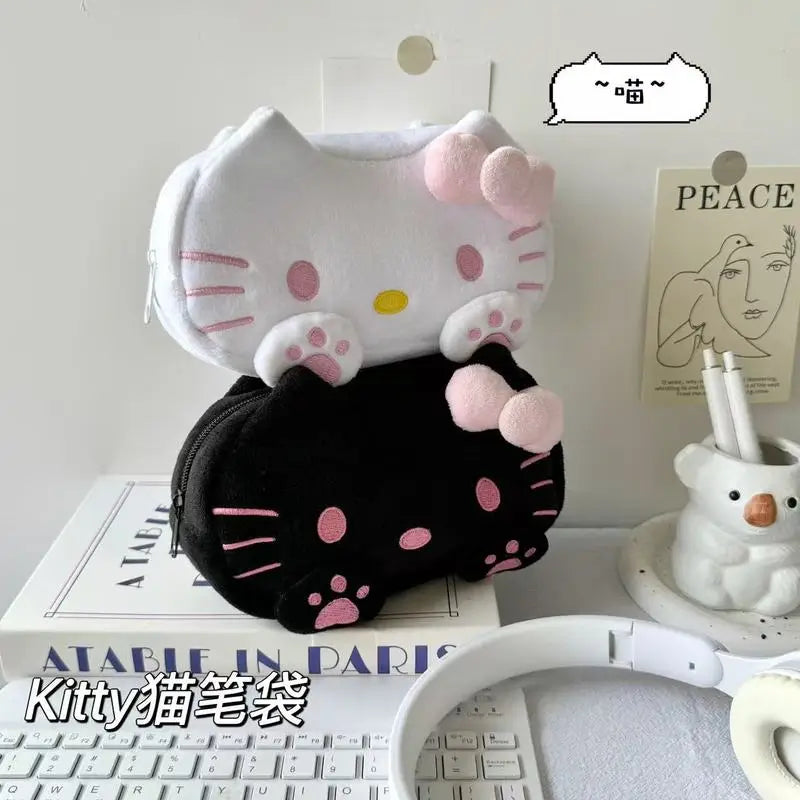 Hello Kitty Cat Plush Pencil Case Large Capacity Cute Kt Cat Stationery Box Storage Bag Makeup Bag Anime Peripheral Trendy Gift